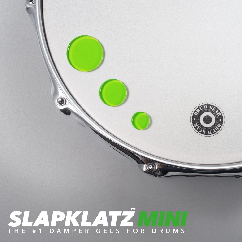 SlapKlatz MINI in alien green - all 3 sizes shown on a drum head
