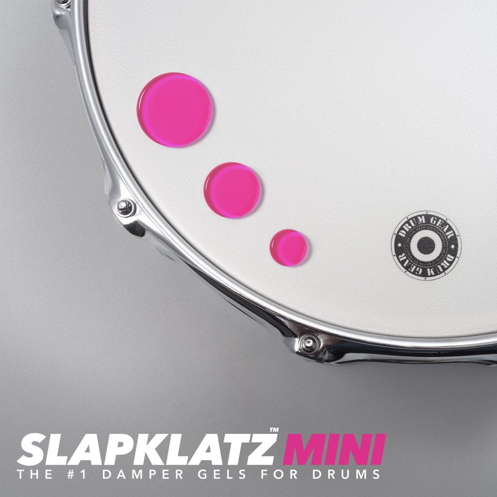 SlapKlatz MINI in pink - all 3 sizes shown on a drum head