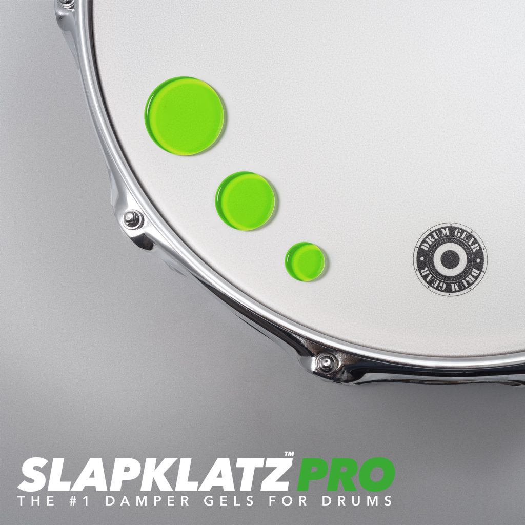 SlapKlatz PRO alien green shown - all 3 sizes - on a drum head. Birdview.